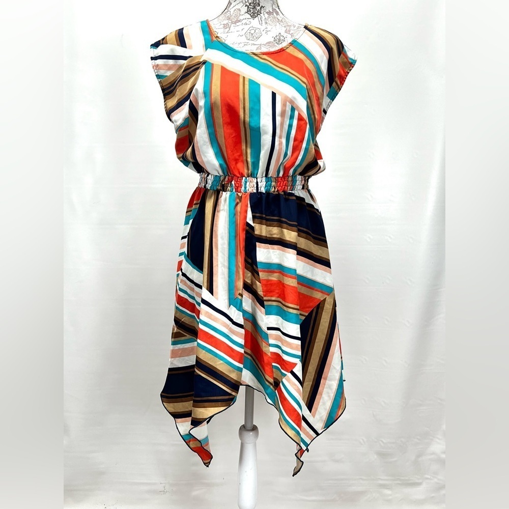 LOVE, FIRE. Coral, teal & black striped handkerchief dress‎ size L.